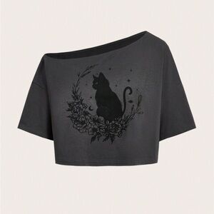 NWT - PLUS Black Cat Graphic Crop Top Asymmetrical Halloween